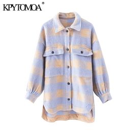 KPYTOMOA Women Fashion Overshirts Oversized Checked Woolen Jacket Coat Vintage Pocket Asymmetric Female Outerwear Chic Tops 211014