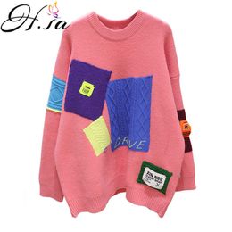 H.SA Women Casual Sweater and Pullovers Long Sleeve Oversized Knit Jumpers Black AND White Chic Streetwear Patchwork Pull Jumper 210716