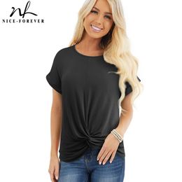 Nice-Forever Summer Fshion Women Casual Pure Colour T-Shirts with Knot Loose Tees Tops T052 210419