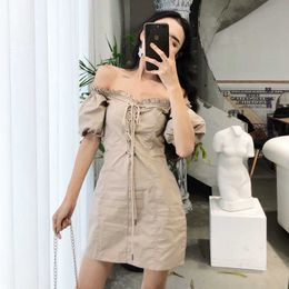 Dresses Women Summer Fashion Retro Slim Lace Up Sexy Black Puff Short Sleeve Off Shoulder Dress Mini Slash Neck Temperament 210610