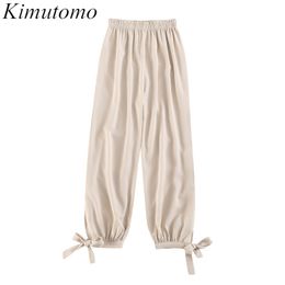 Kimutomo Spring Fashion Casual Pants Women All-matching High Elastic Waist Bow Lace-up Loose Straight Ankle-Length Pants 210521