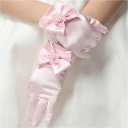 Children Formal Etiquette Gloves Satin Pearl Bow Glove for Wedding Flower Girls Princess Dance Kids