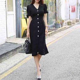 Moda Estate Elegante Office Lady Tinta unita Corea Chic Abito Donna Slim Midi Abiti 210520