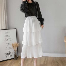 LY VAREY LIN High Waist Women Chiffon Solid Color Ruffles Medium Pleated Skirt Casual Female Elastic Black White Skirts 210526