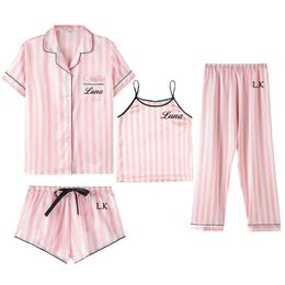 4 Piece Personalized Name Women Sleepwear Faux Silk Satin Pajamas Set Sleeve Sleepwear Pajamas Suit Female Homewear 210330