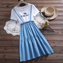 Japanese Preppy Style Blue Summer Dress Women Short Sleeve Printed False Two Piece Cotton Dresses S-XXL Mori Girl Clothing 210520