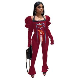 New Fall Winter Ruffled Sleeve Outfits Women Tracksuits Two Piece Set Pullover Bandage Top+Flare Pants Casual Matching Set Fashion clothes street wear 6932