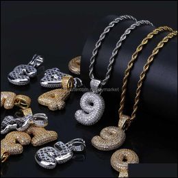 Pendant Necklaces & Pendants Jewelry Hip Hop Bubble Arabic Number Necklace Cubic Zircon 0-9 Numbers Charm Gold Sier Twisted Rope Chain For M