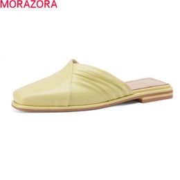 MORAZORA Genuine Leather Slippers Women Comfortable Low Heel Square Toe Casual Shoes Summer Solid Colour Ladies Mules Shoes 210506