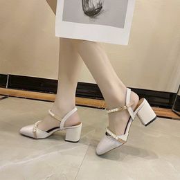 Close Toe Sandals Woman 2022Square toe High HeelsWomen PumpsPearls Ankle Buckle StrapFootwareApricotBEIGEDropshipping