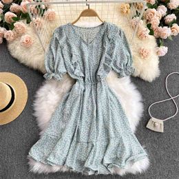 Women's Fashion V Neck Floral Print Summer Sweet Ruffle Slim Short Sleeve Chiffon Holiday Mini Dress Vestidos De Mujer S663 210527