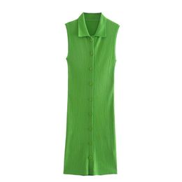 Summer Women's POLO Shirt Collar Sleeveless Knitted Lapel Single-breasted Green Dress 210529
