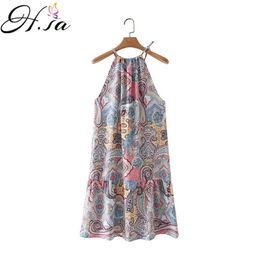 Hsa Summer Dress Women Loose Print Casual Halter Cut Out Sleeveless Mini Retro Ladies Vestido Vacation Sundress 210430