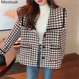 Korean Vintage Houndstooth Woollen Women Coat Jacket Winter Long Sleeve Single-breasted Turn-down Collar Ladies Fashion 210513