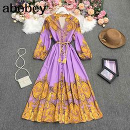 Summer Vintage fashion V-Neck long sleeve Dress high waist lace up waist single breasted Floral Dress 210715