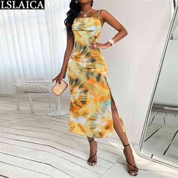 Fashion Sling Dress Sexy Printed Low-cut Women's Casual Mid-Calf Backless Thigh Slit Party for Women 210515