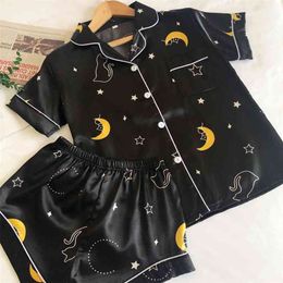 Pyjama Satin Femme Silk Pajamas for Women Night Star Moon Print Homewear Set Pijama Verano Mujer Girls Home Suit Sleepwear 210809