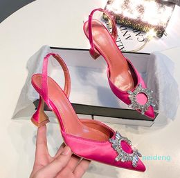 2022 Quality Amina Begum Crystal-embellished Satin Slingback Pumps Muaddi Crystal Elasticated Slingback Strap Shoes high 8cm