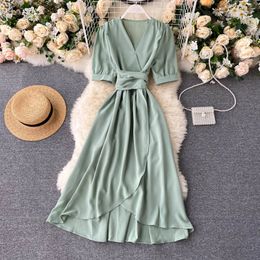 Summer Irregular Long Dress Women V Neck Korean French Style Party Ruffle Dresses Elegant Solid Romantic Maxi Sundress 210419