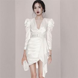 Sequin Slim Dress For Women V Neck Puff Long Sleeve High Waist Mini Dresses Female Fashion Clothing Style 210603