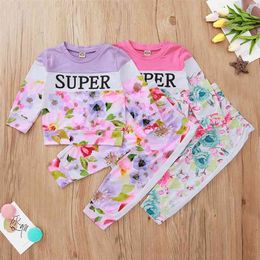 Winter Children Sets Casual Long Sleeve O Neck Letter Patchwork T-shirt Print Trousers Cute 2Pcs Girls Clothes 6M-4T 210629