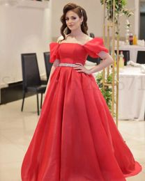 Red Satin A-line Prom Party Dresses Special Occasion Off Shoulder Short Sleeves Evening Gowns With Beading Waist Belt