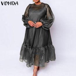 Casual Dresses See Through Dress Elegant Women Long Sleeve Bohemian 2021 VONDA Summer Party Sundress Vestidos Oversized