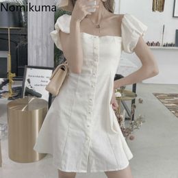 Nomikuma Single Breasted Shorts Sleeve Off Shoulder Summer Dress Square Collar Slim Waist White Dresses Vestidos 3b512 210514