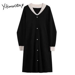 Yitimuceng Diamonds Dresses Women Solid Black Spring V-Neck Loose Waist Single Breasted French Fashion Clothes Office Lady 210601