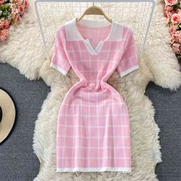 Sweet Summer Fashion Casual Short Sleeve Sheath Bodycon Mini Dress Women Plaid Knitted Sweater Robe Femme Vestidos 210514