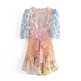 Sweet Women V Neck Colour Matching Dress Spring-autumn Fashion Ladies Beach Style Female Pleated 210515