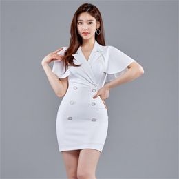 Summer Vintage Black/White Dresses Notched Collar Double-breasted Ruffles Office Party Sexy Elegant Simple Series Dress 210603