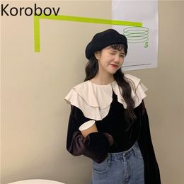 Korobov Korean Chic Contrast Color Patchwork Velet Blouse Double Collar Long Sleeve Retro Slim Blusas Spring Shirt New 210430