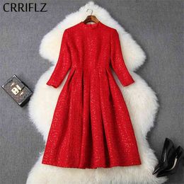 Medium Length Women Tweed Dress Bright Silk Winter Three Quarter Sleeve Stand Party Cuaual A-line 210520