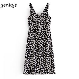 Summer Women Vintage Daisy Print Female Sexy Sleeveless V Neck A-line Midi Chiffon Tank Dress Robe Femme 210514