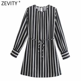 Women Vintage Black White Striped Print Sashes Mini Dress Female Chic O Neck Long Sleeve Straight Vestido DS5078 210420