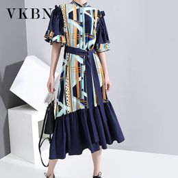 VKBN Summer Dress Women Mandarin Collar Short Flare Sleeve Sashes Printing Plus Size Elegant Vestidos De Fiesta 210507