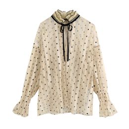 BLSQR Fashion Transparent Mesh Ruffled Blouses Women Hollow Out Flare Sleeve Female Shirts Casual Ladies Top Shirt 210430