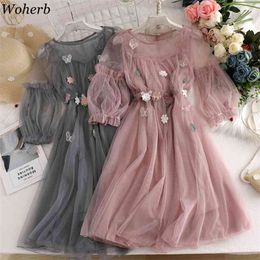 Women Korean Lace Mesh Dress Elegant Floral Butterfly Patchwork es Ladies Sweet Cute Two Set + Vest Vestidos 210519