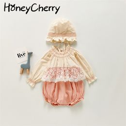 Baby jumpsuit autumn long-sleeved lace hooded cotton romper girl baby clothes 210702