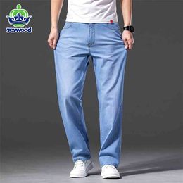 Men Lyocell Fabric Jeans Classic Summer Cotton Straight Stretch Brand Denim Pants Overalls Light blue Fit Trousers 40 42 44 210723