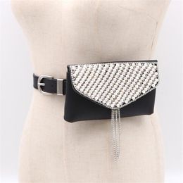 Belts Fashion Pearl Rhinestone Inlaid Black Pocket Women Luxury Versatile Tassel Mobile Phone Bag Belt Female