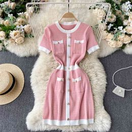 Korean Fashion Women Dress Patchwork Short Sleeve Summer Buttons Elegant Knitted Party Mini Robe Femme 210603