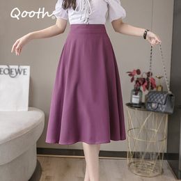 Qooth Korean Style Skirt Office Lady High-Waist Slim Small Umbrella-Shape Simple All-Match Mid-Length QT531 210518