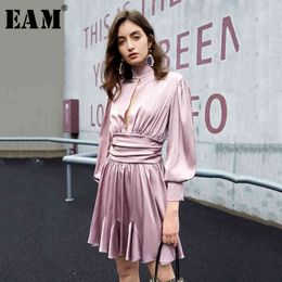 [EAM] Women Back Holow Out Ruffles Buttom Dress Stand Collar Long Sleeve Loose Fit Fashion Spring Summer 1U462 21512