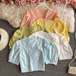 Korean high waist button short top women cute shirts summer sleeve design vintage bubble tops trend 210420