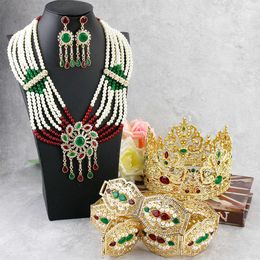 Sunspicems Gorgeous Gold Colour Morocco Wedding Jewellery Sets Big Crown Tiaras Waist Belt Beaded Earring Necklace Bridal Gift 2021 H1022