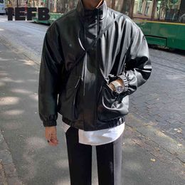 IEFB Spring Korean Fashion Loose PU Leather Men's Motorcycle Suit Pilot Jacket Zipper Stand Collar Short Coat Black 9Y5266 210524