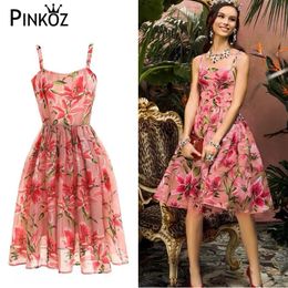 Lily Flower Print Midi Dress High Quality Spaghetti Strap Women Summer Floral Casual Beach Pinting Dreess Glitter Party 210421