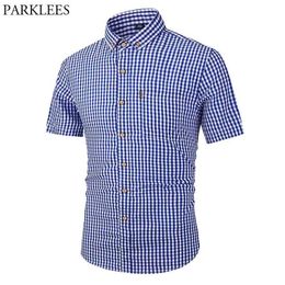 Small Plaid Button Down Shirt Men Summer Short Sleeve Slim Fit Mens Dress Shirts Casual Cheques Gingham Chemise Homme 210522